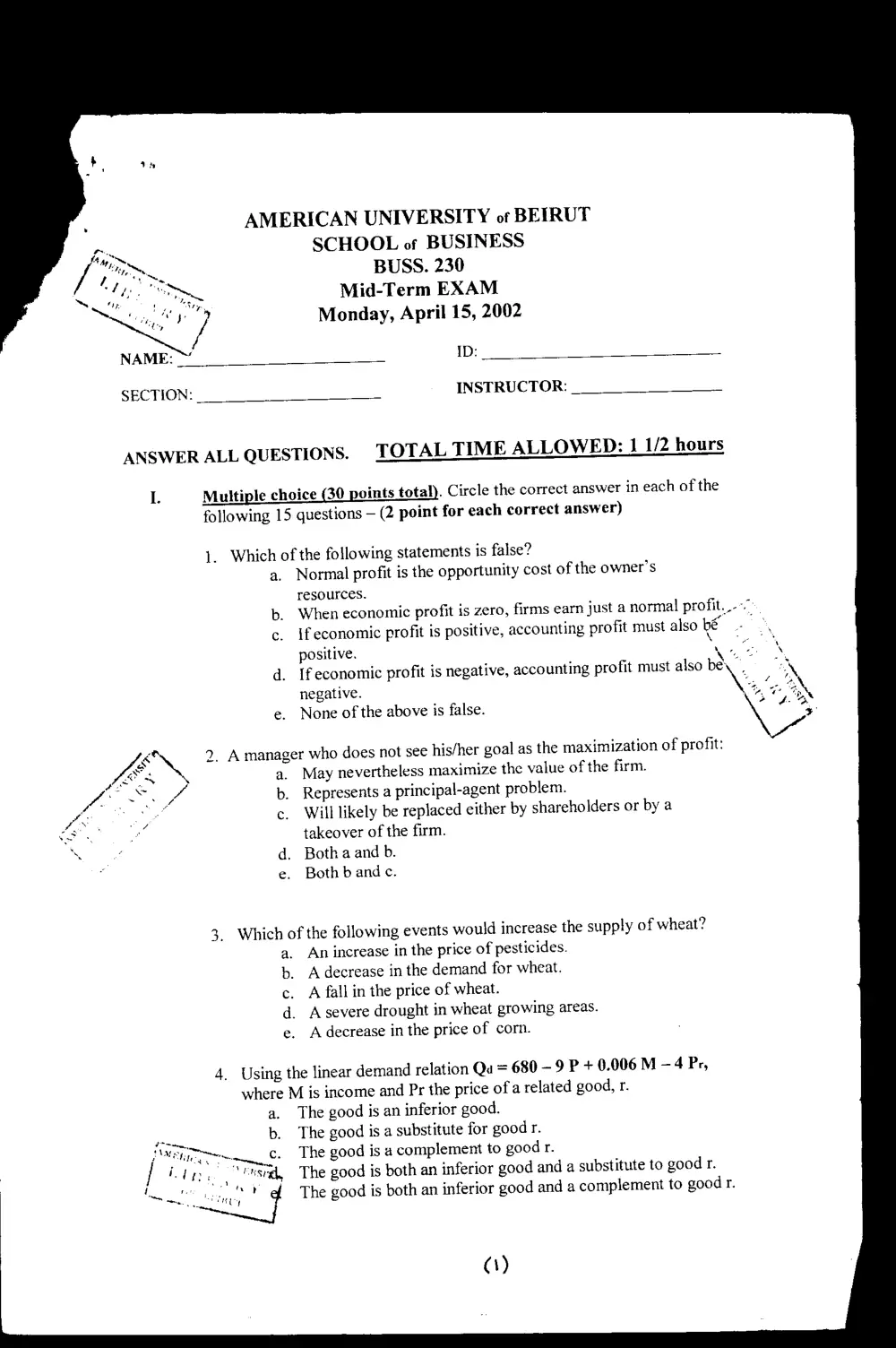 BUSS 230 Midterm, Spring 2002, page 1