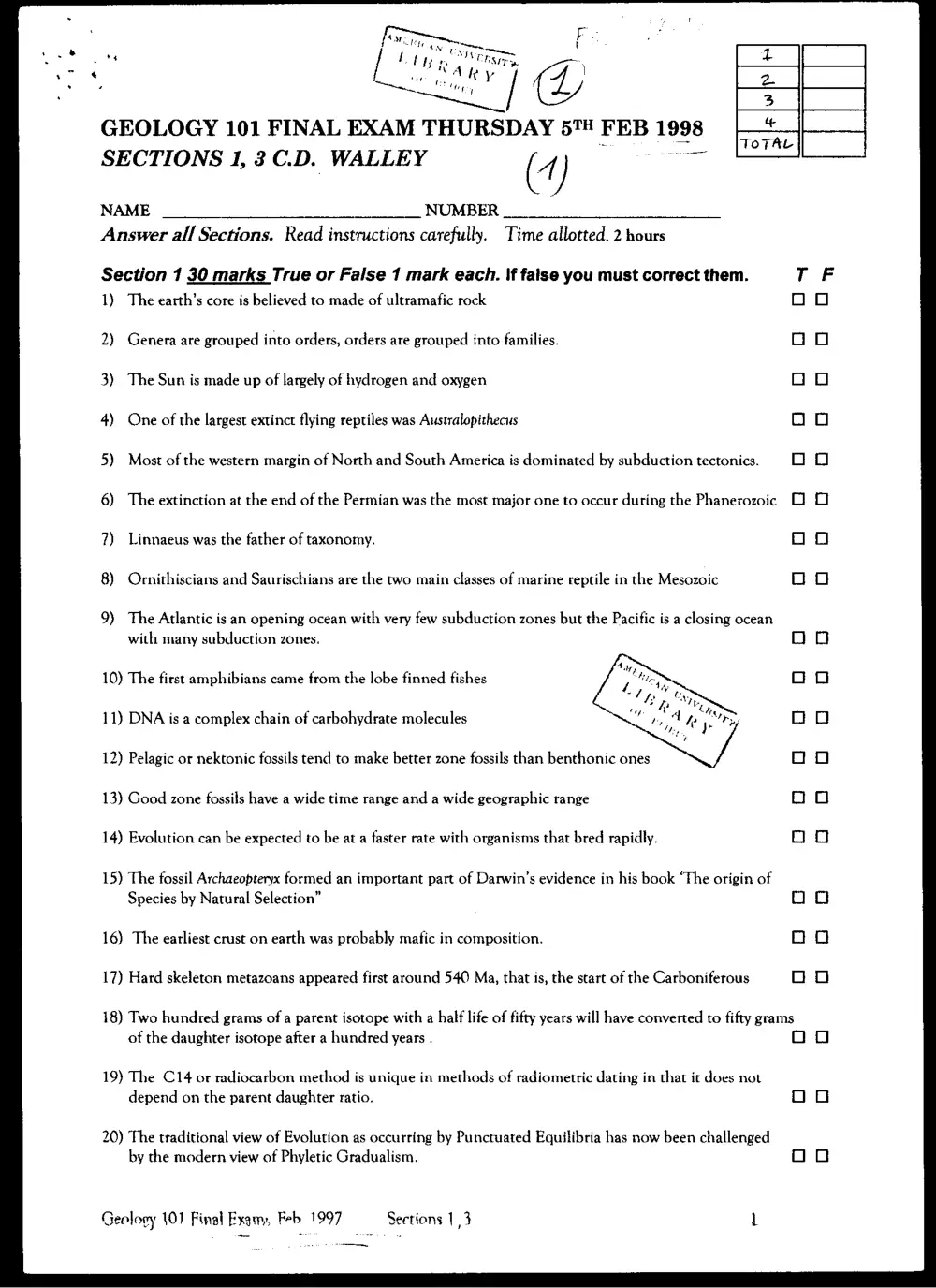 GEOL 101 Final, Fall 1997, page 1