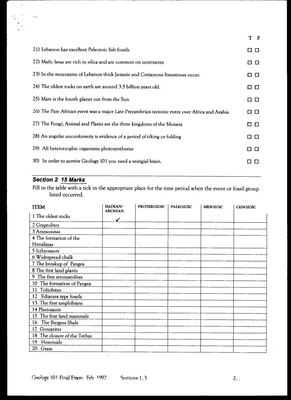 GEOL 101 Final, Fall 1997, page 2