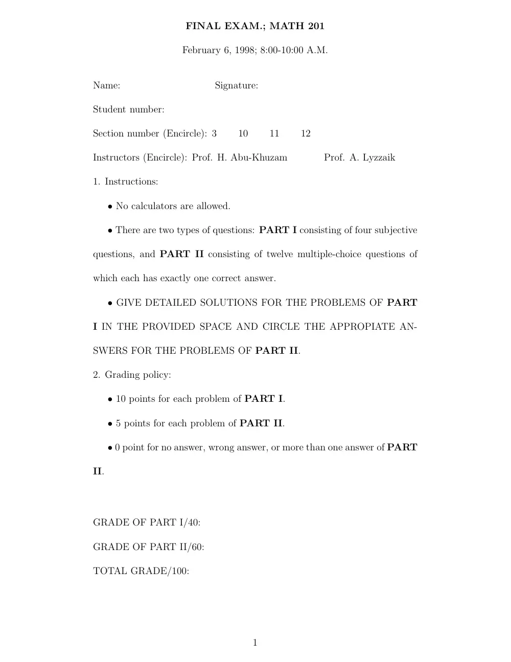MATH 201 Exam, Spring 2008, page 1