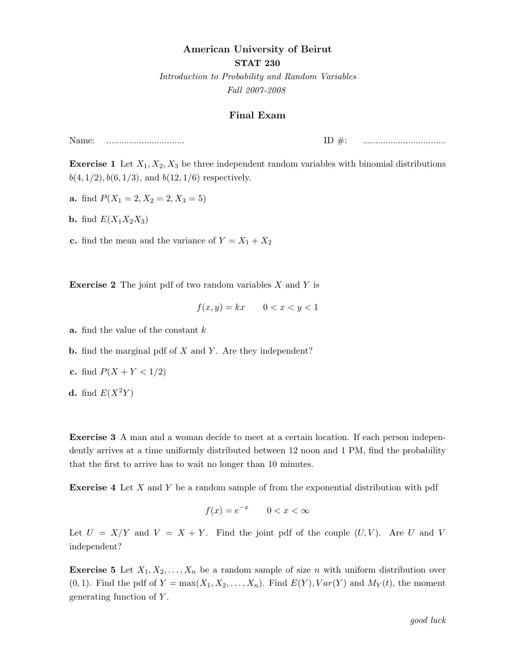 STAT 230 Final, Fall 2007, page 1