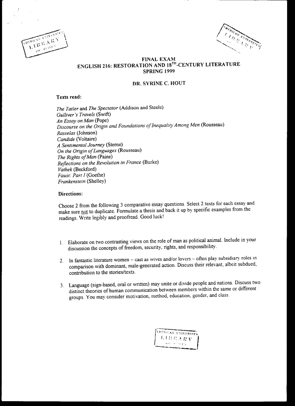 ENG 216 Final, Spring 1999, page 1