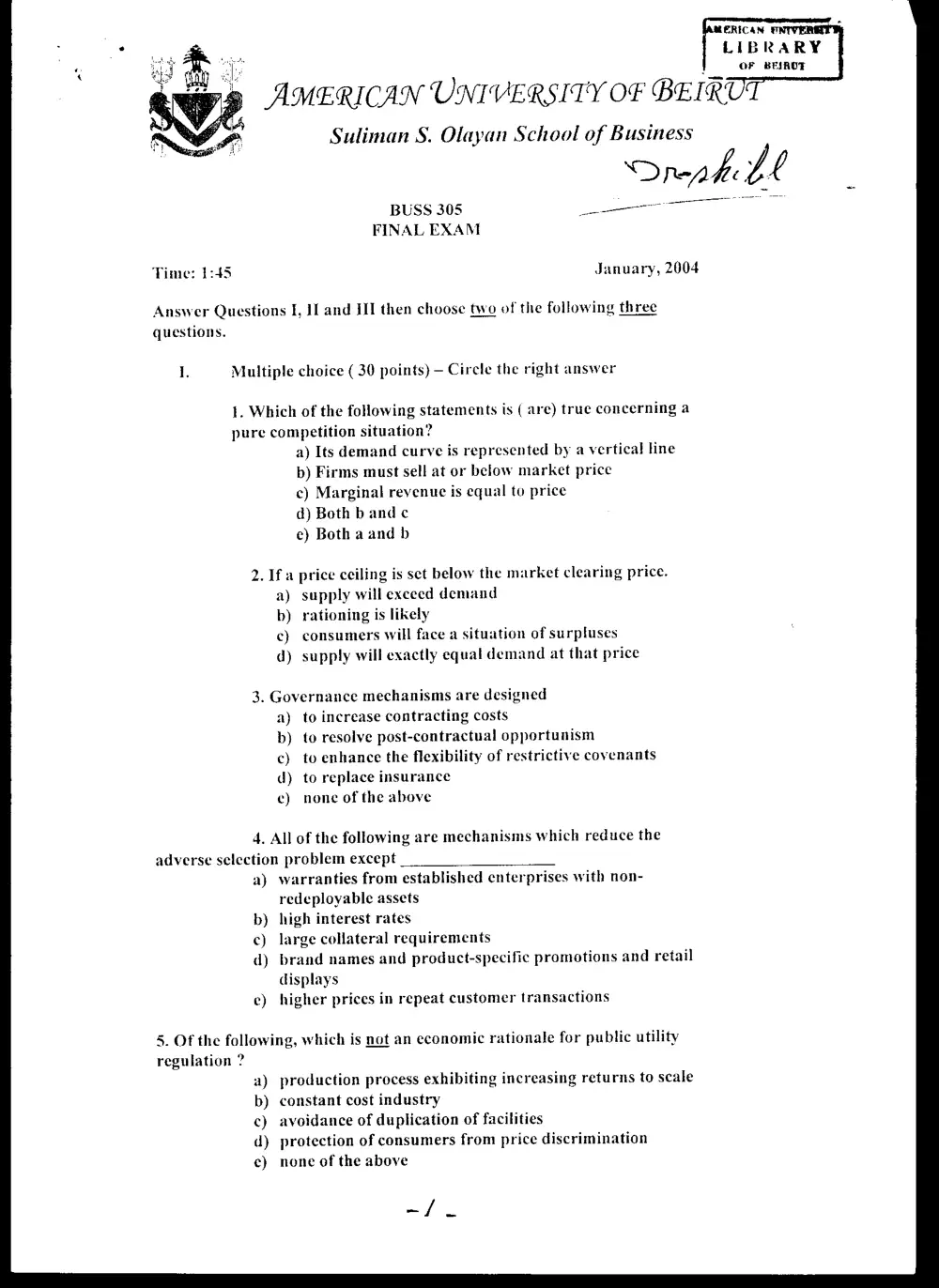 BUSS 235 Final, Fall 2003, page 1