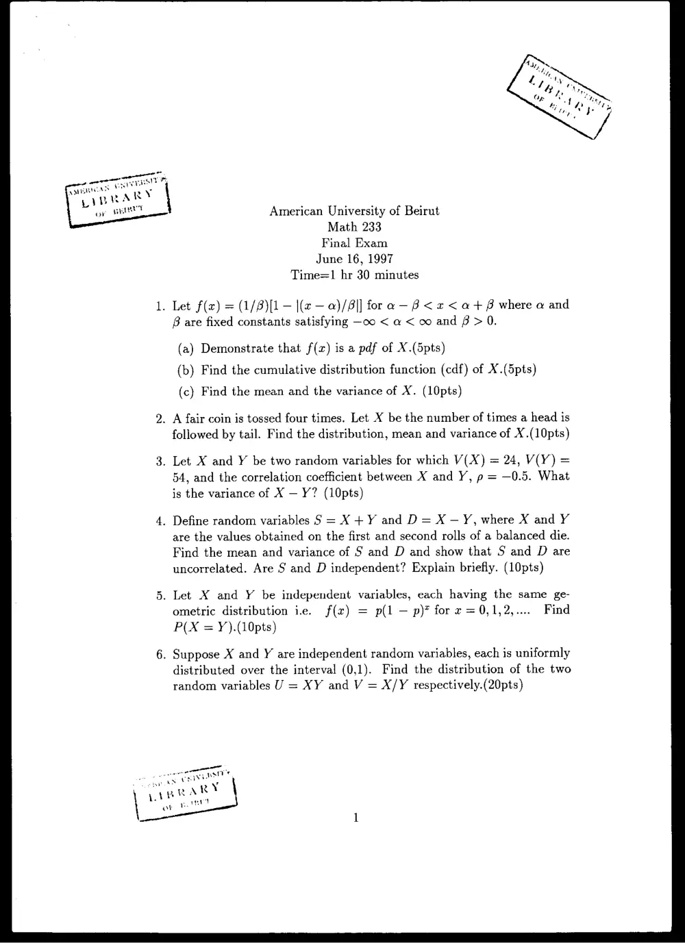STAT 230 Final, Spring 1997, page 1