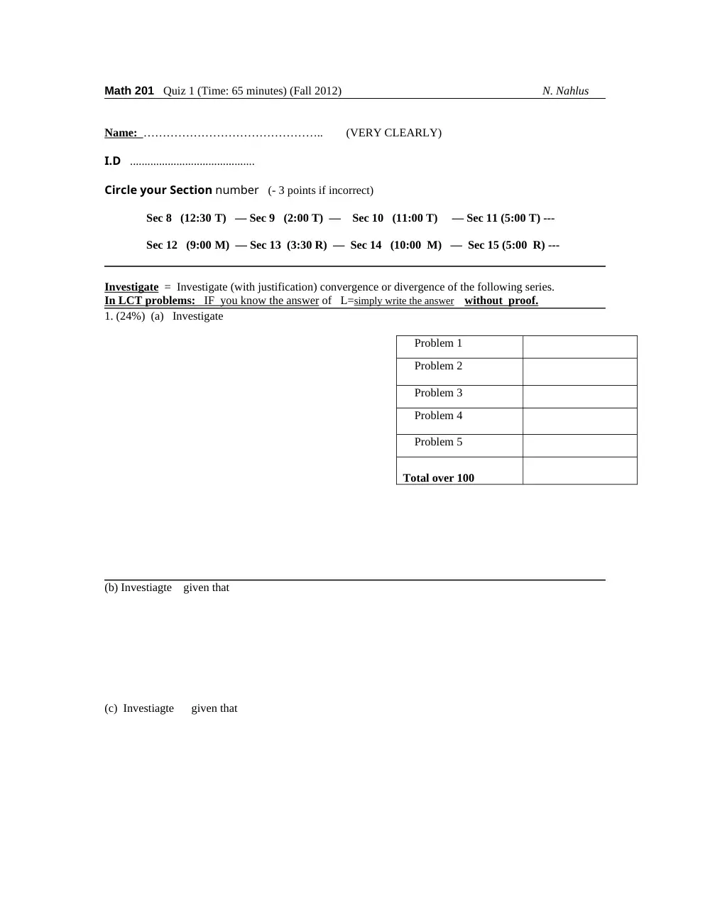 MATH 201 Exam 1, Fall 2012, page 1
