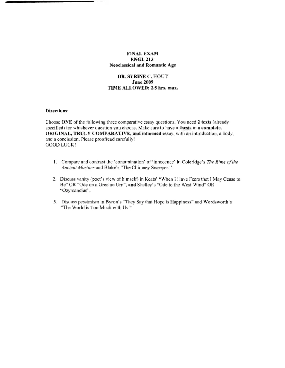 ENG 213 Final, Spring 2009, page 1