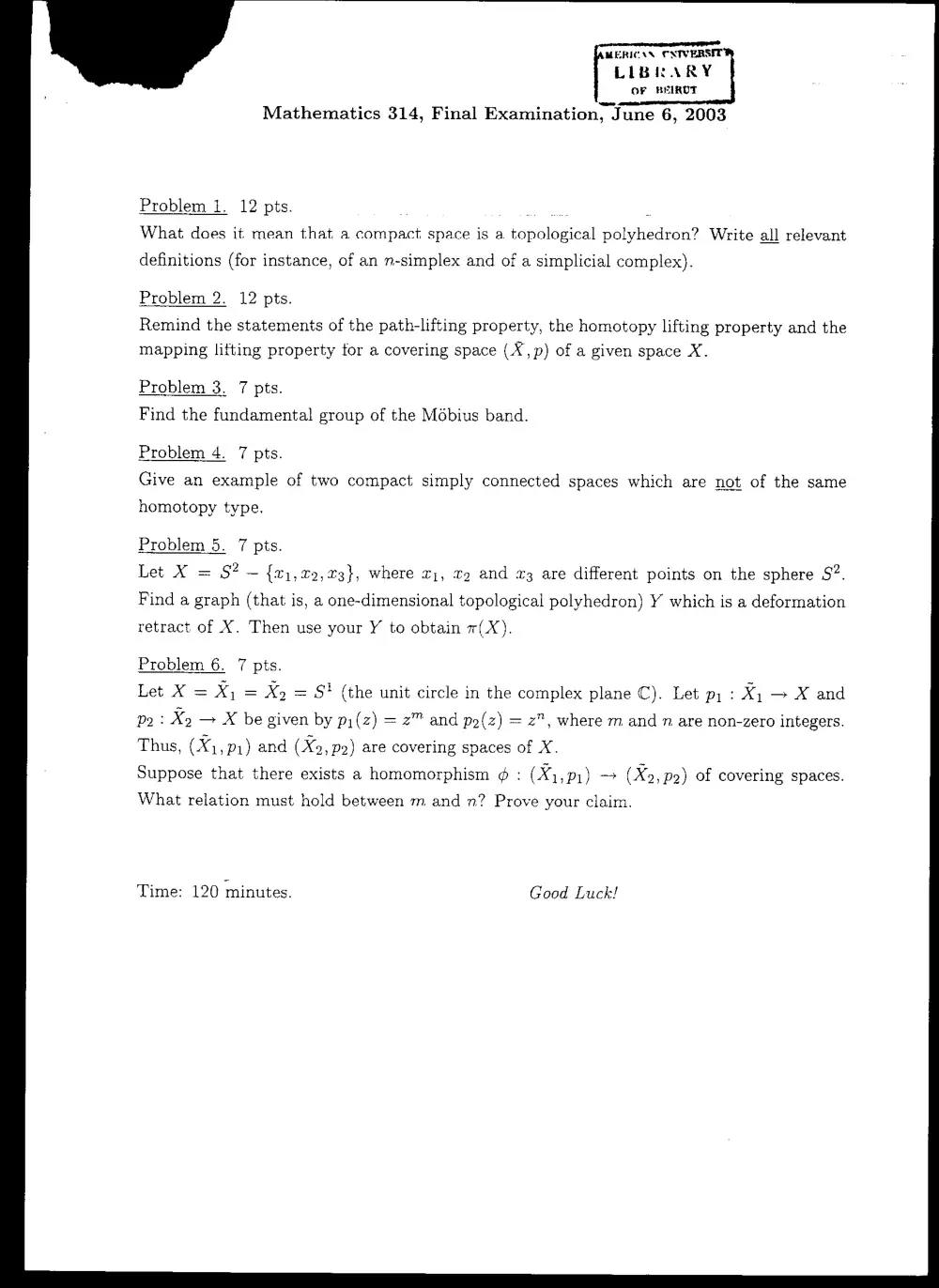 MATH 314 Final, Spring 2003, page 1