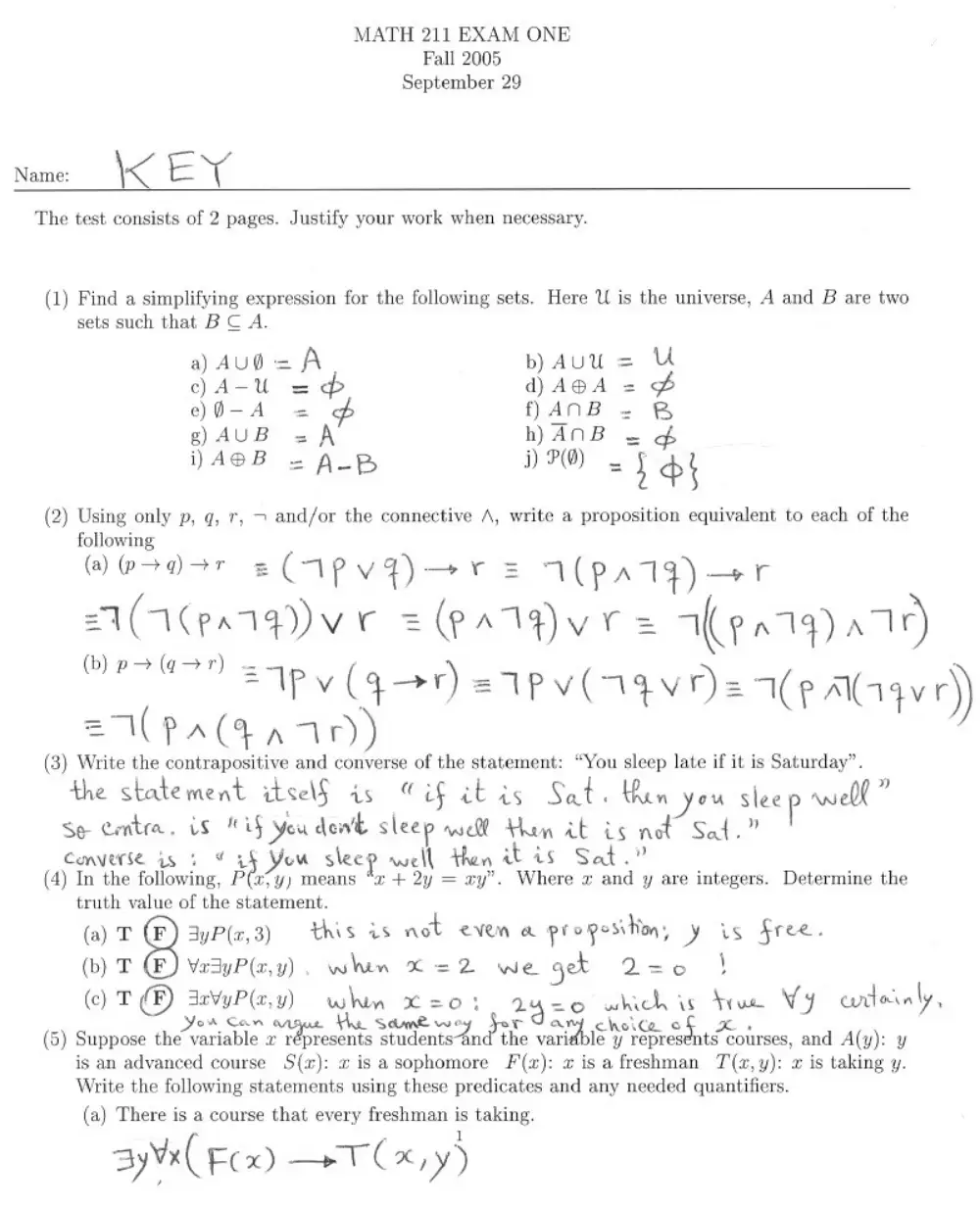 MATH 211 Exam 1 With Solution, Fall 2004, page 1