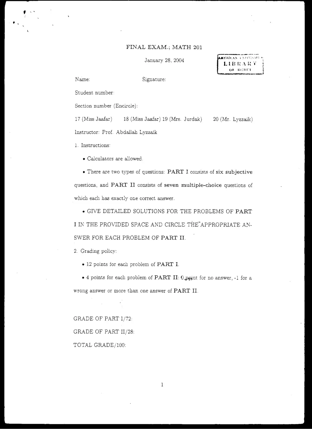 MATH 201 Final, Fall 2003, page 1