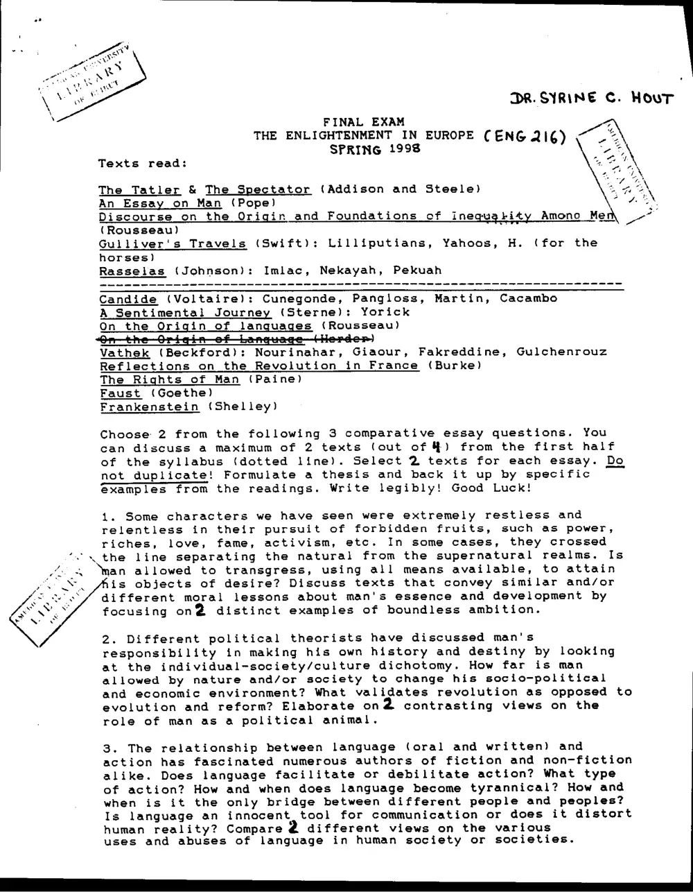 ENG 216 Final, Spring 1998, page 1