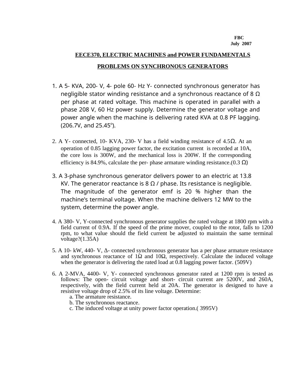 EECE 370 Problems Synchronous Generators, Summer 2007, page 1