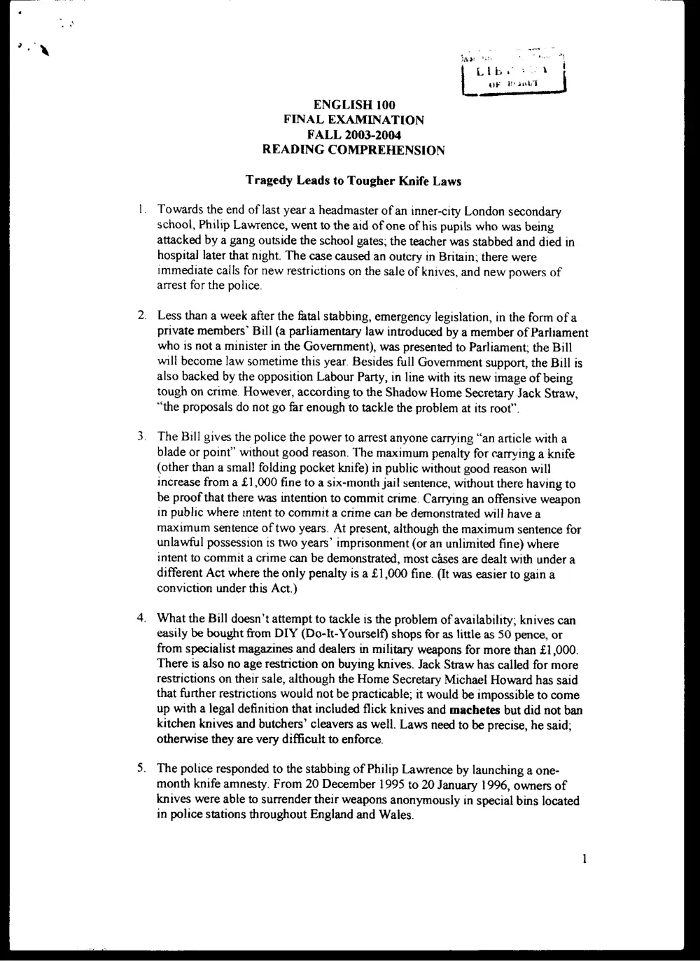 ENG 100 Final, Fall 2003, page 1