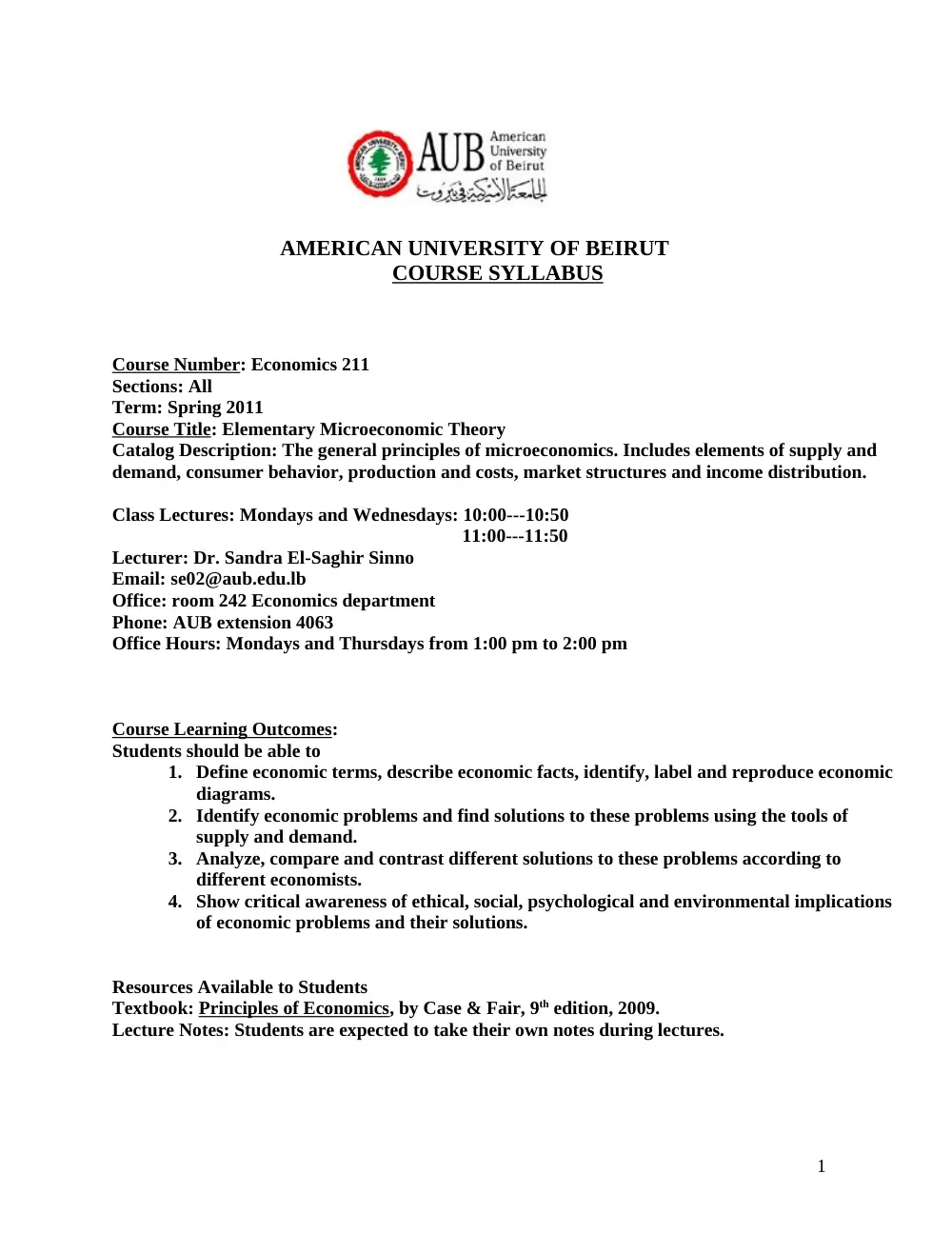 ECON 211 Syllabus, Spring 2011, page 1