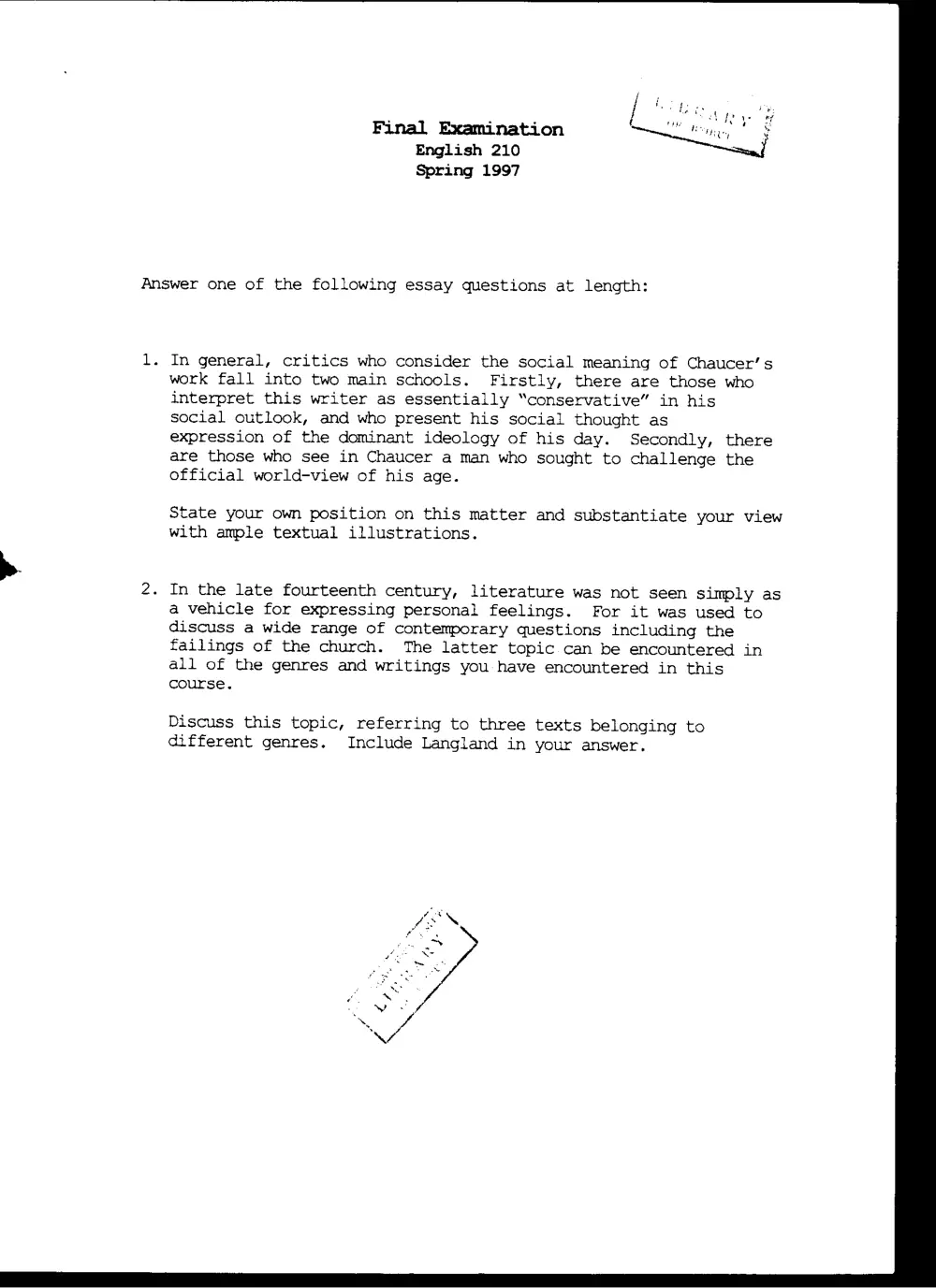 ENG 210 Final, Spring 1997, page 1