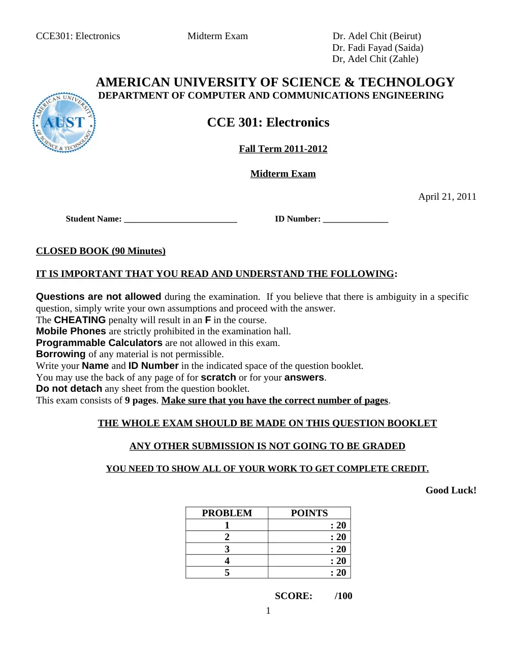 CCE 301 Midterm, Fall 2011, page 1