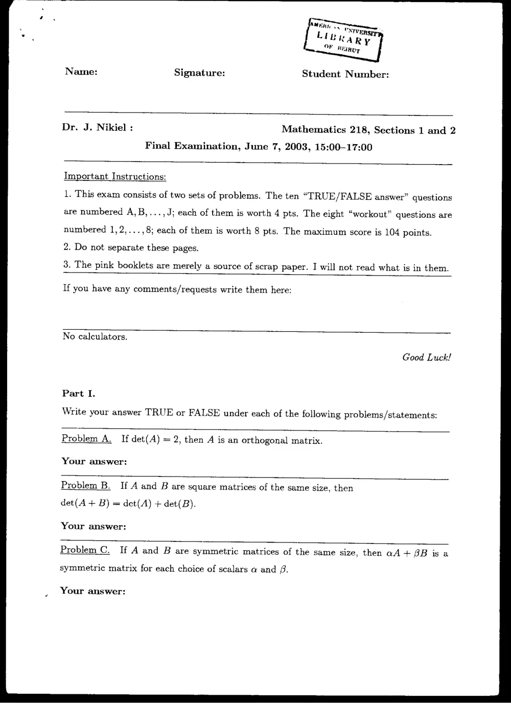 MATH 218 Final, Spring 2003, page 1