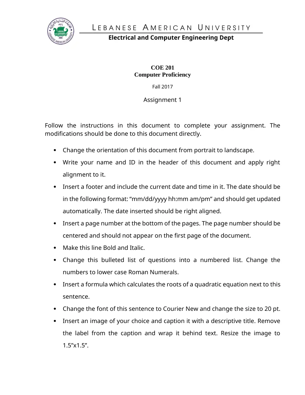 COE 201 Homework Assignment 1, Fall 2017, page 1