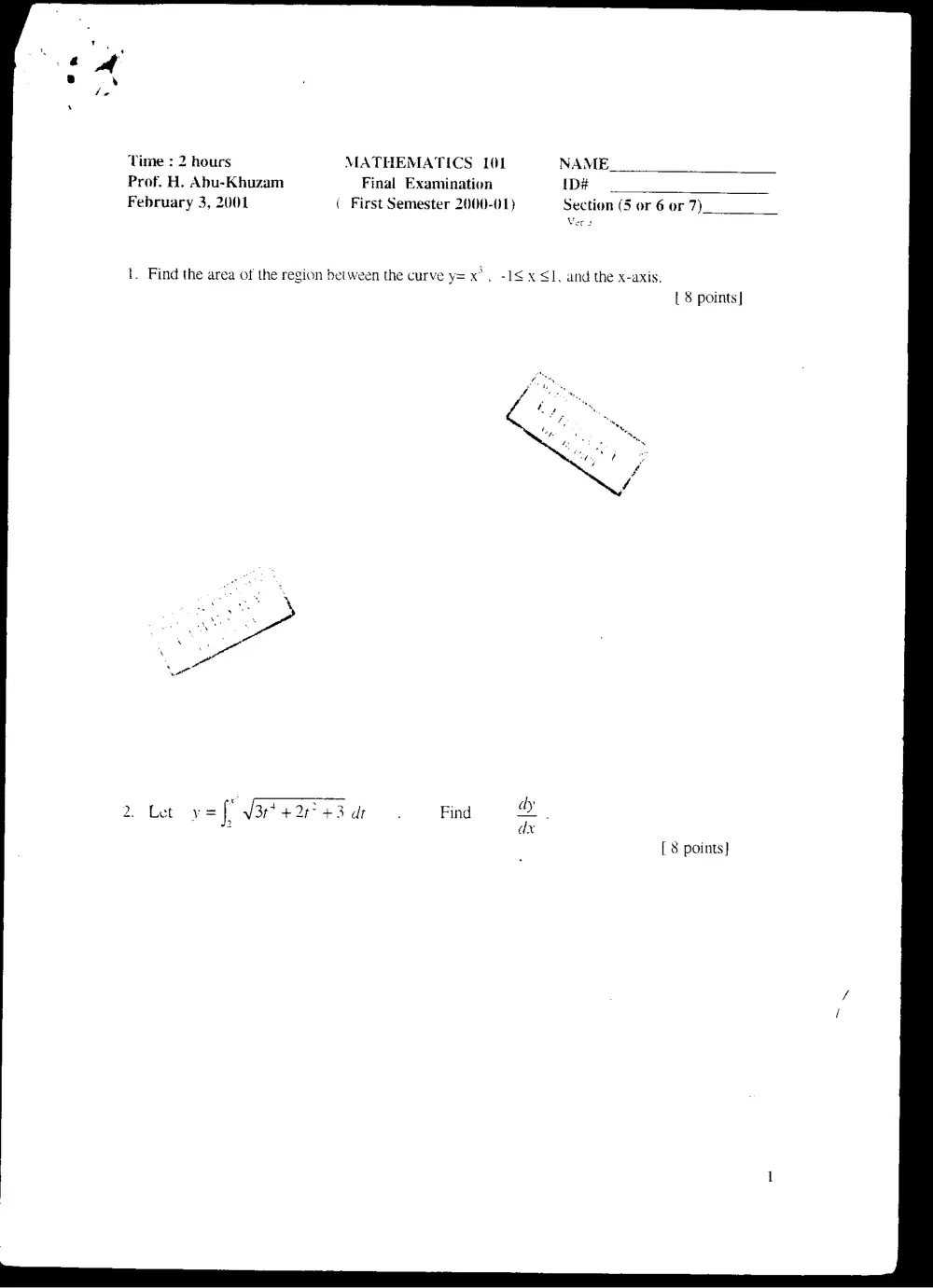 MATH 101 Final, Fall 2000, page 1