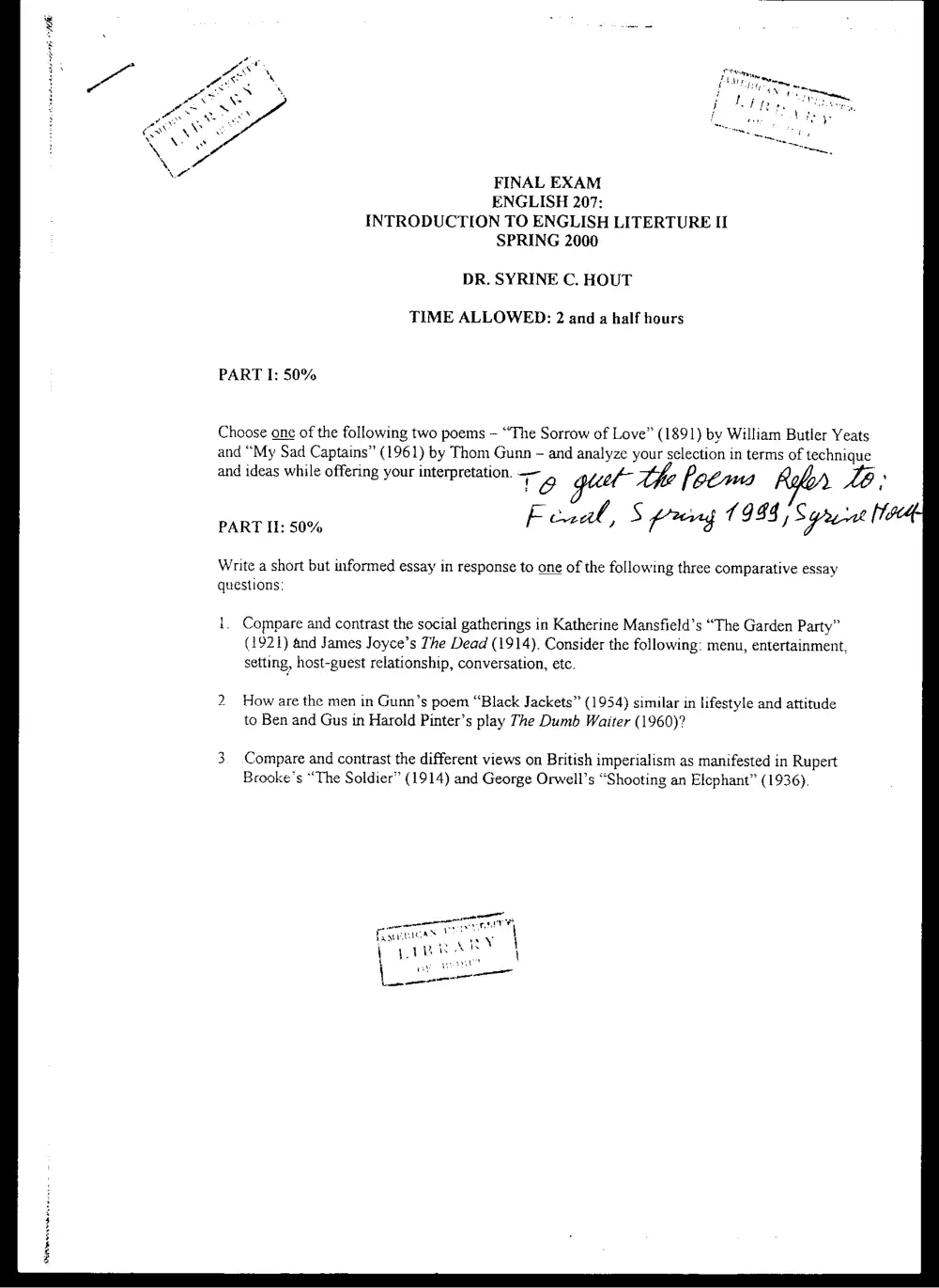 ENG 207 Final, Spring 2000, page 1