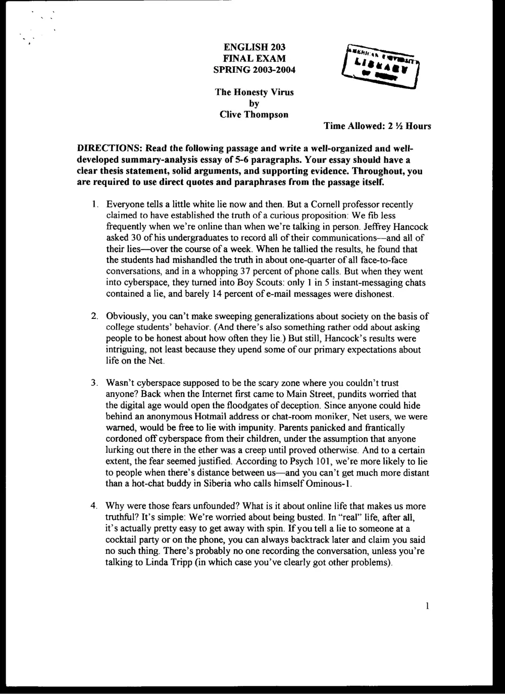 ENG 203 Final, Spring 2004, page 1