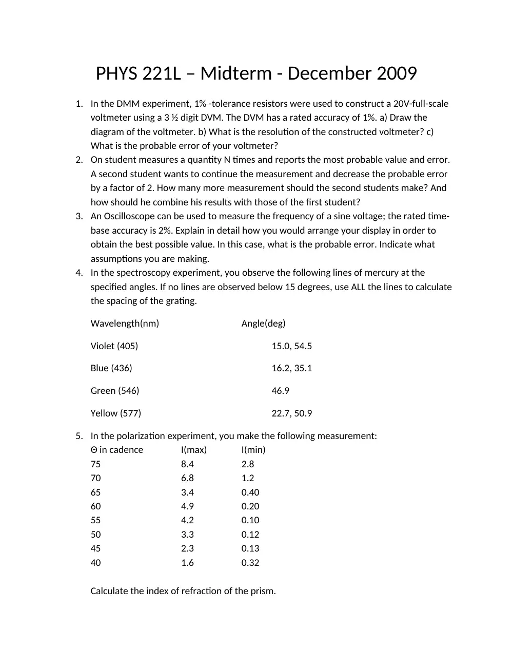 PHYS 221L Midterm, Fall 2009, page 1