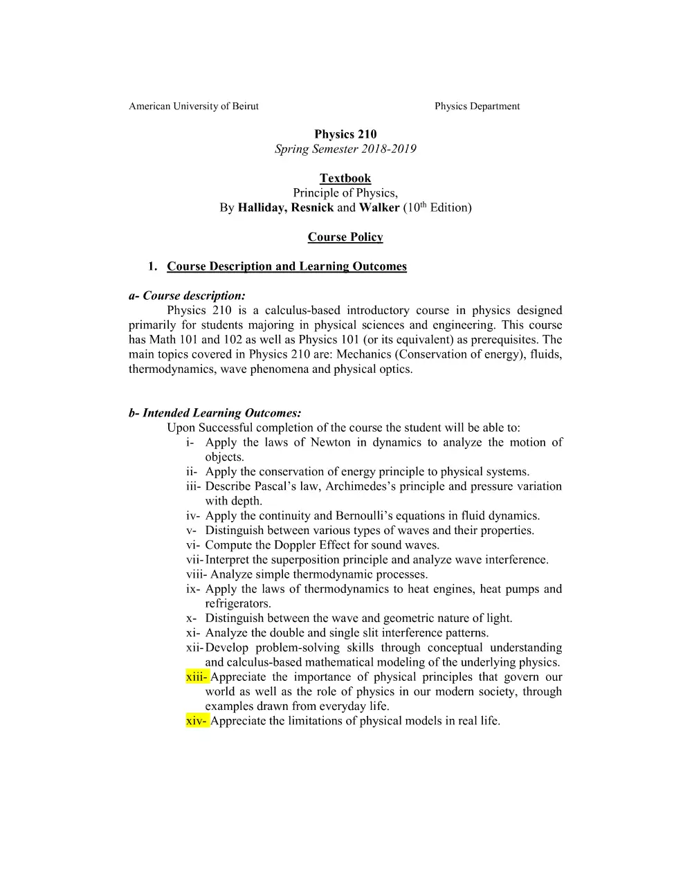 PHYS 210 Syllabus, Spring 2019, page 1