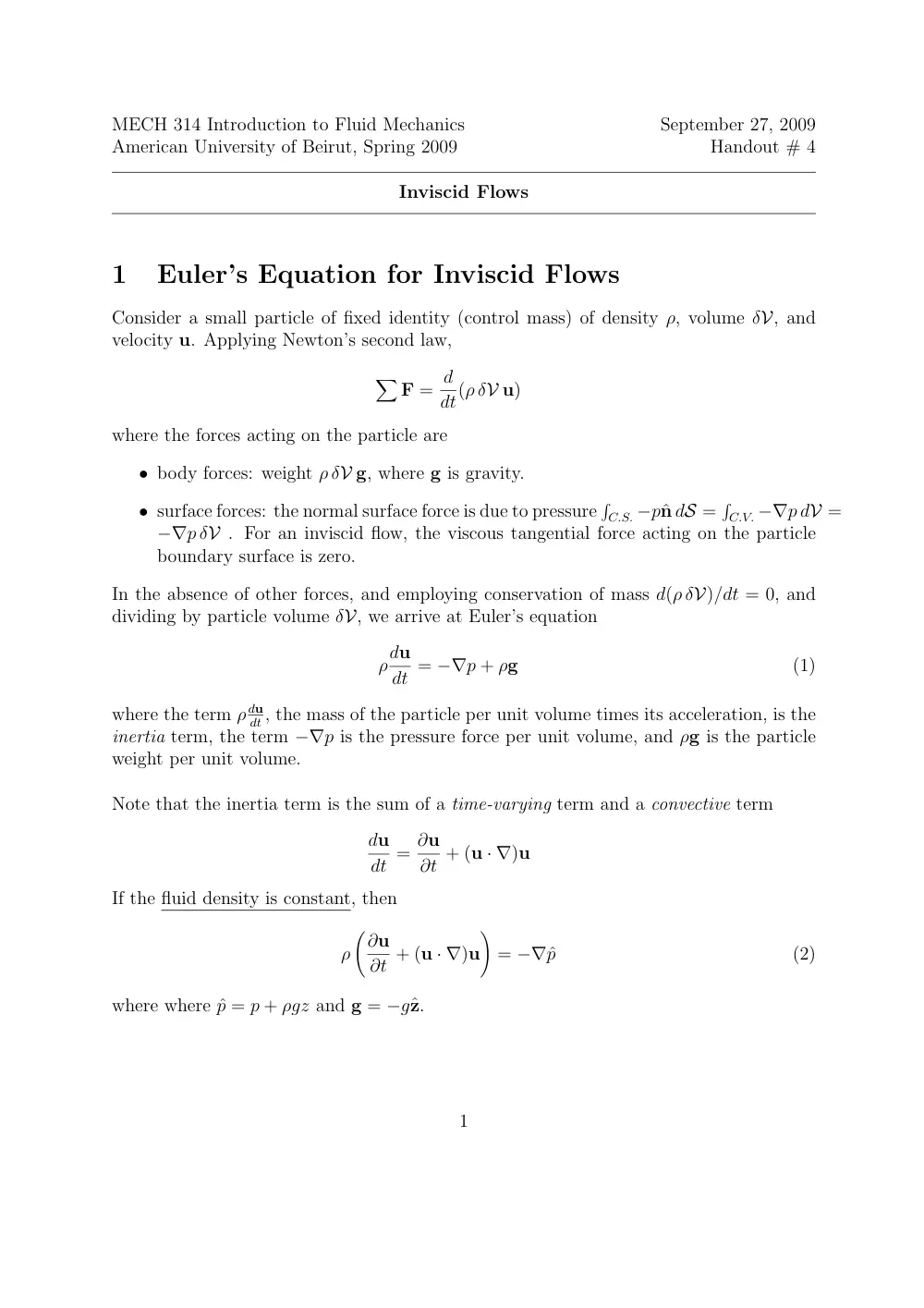 MECH 314 Notes 9, Spring 2014, page 1
