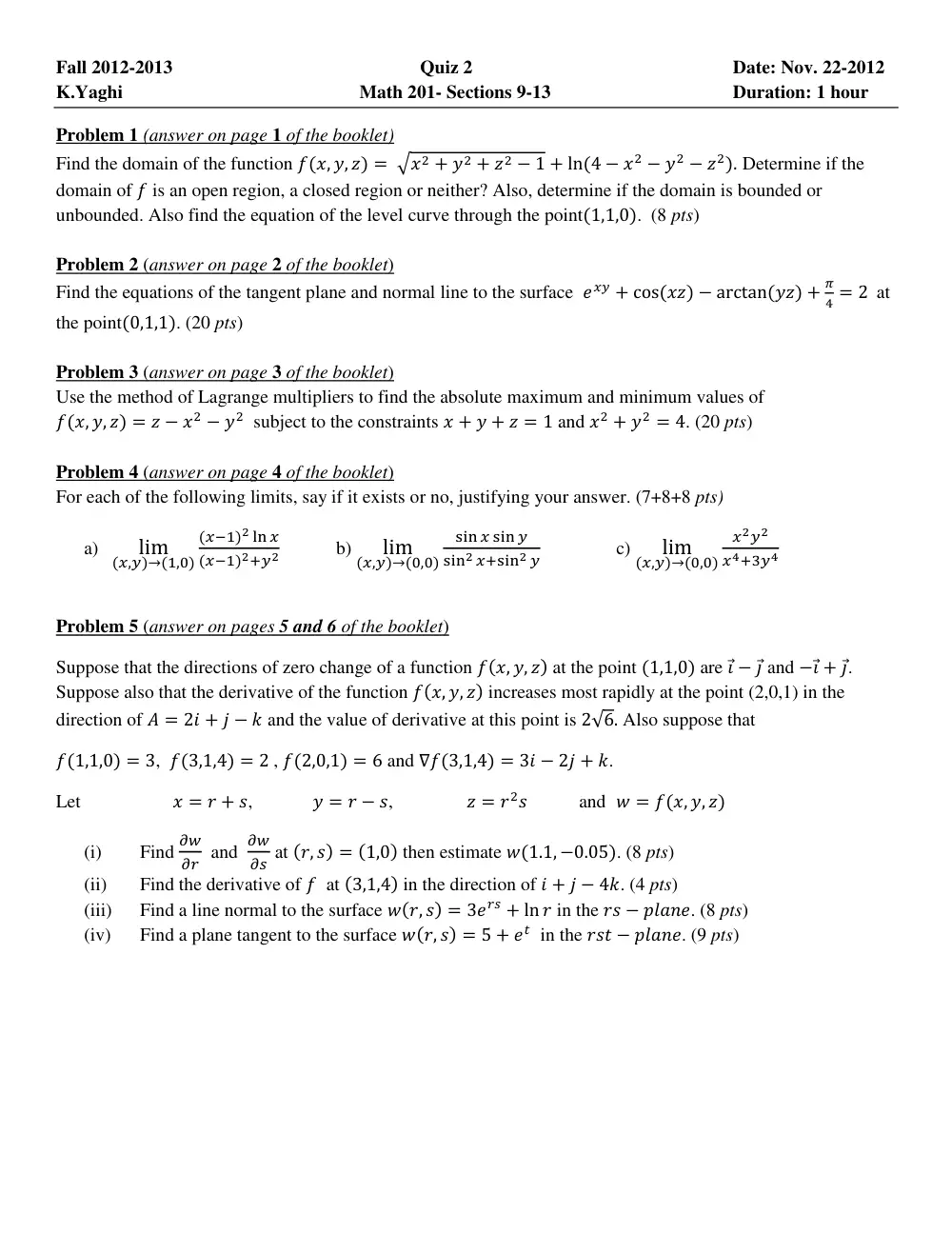 MATH 201 Exam 2, Fall 2015, page 1