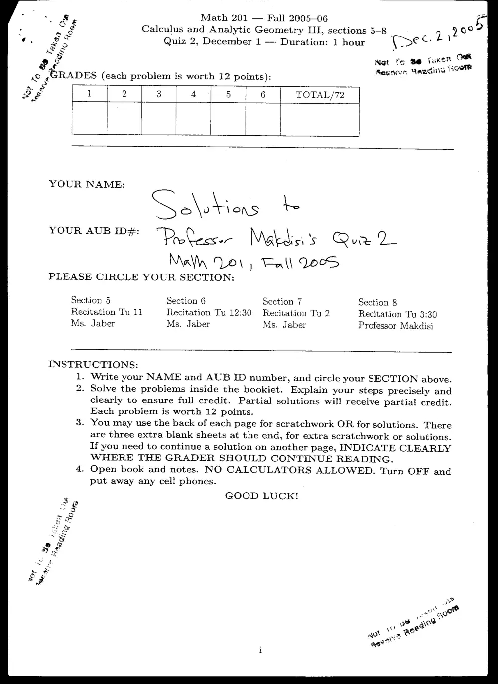 MATH 201 Exam 2, Fall 2005, page 1