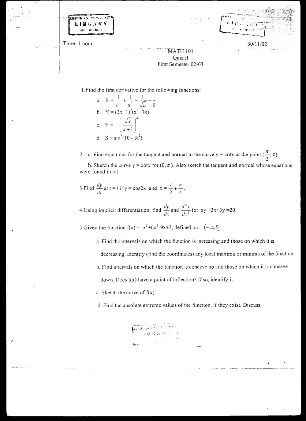 MATH 101 Exam 2, Fall 2002, page 1
