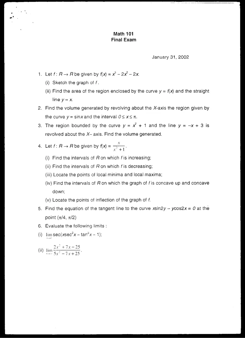 MATH 101 Final, Fall 2001, page 1