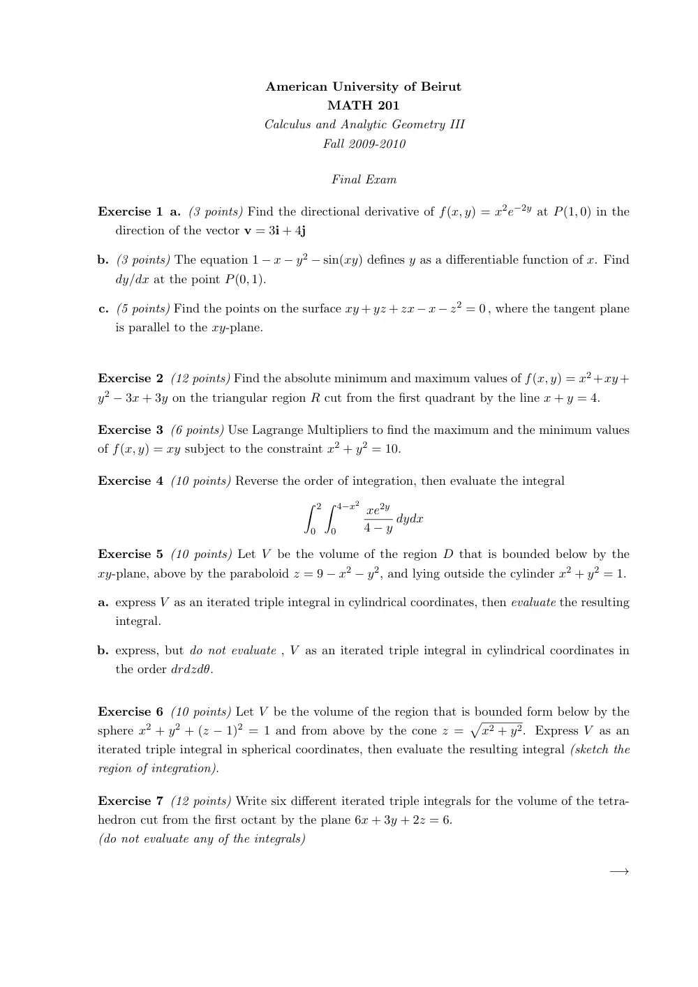 MATH 201 Final, Fall 2009, page 1