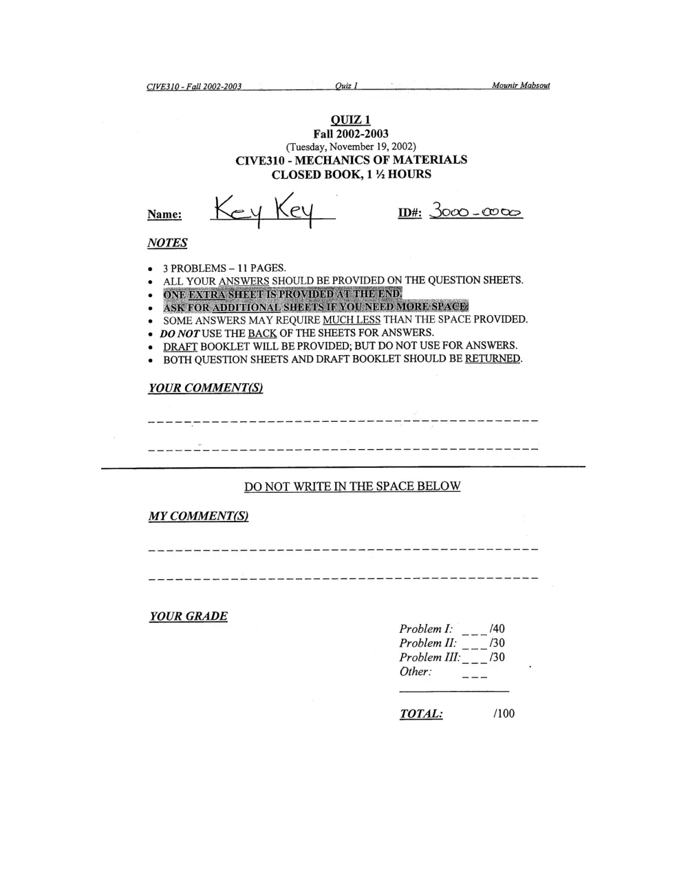 CIVE 310 Exam 1 with Solution, Fall 2002, page 1