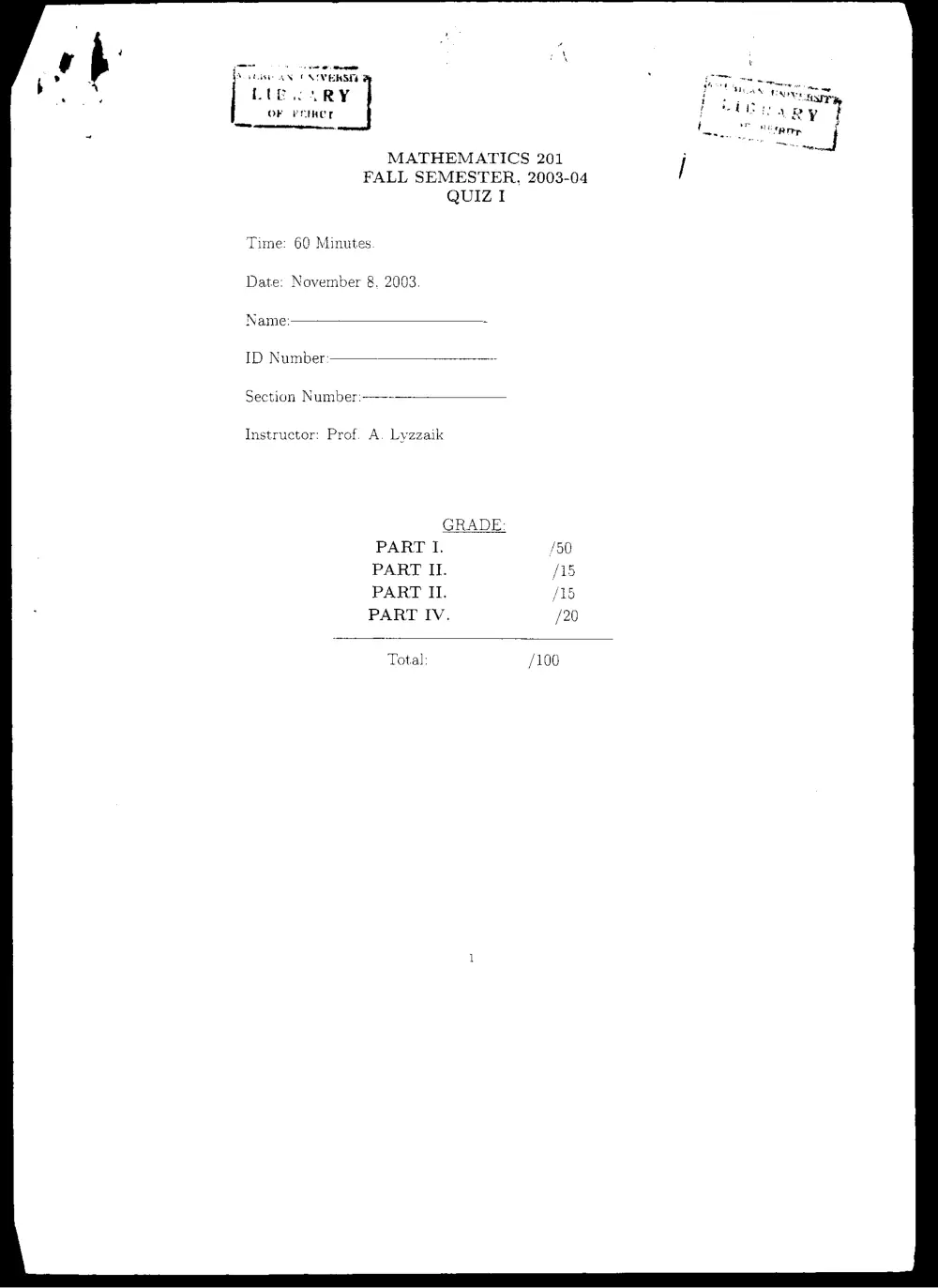 MATH 201 Exam 1, Fall 2003, page 1
