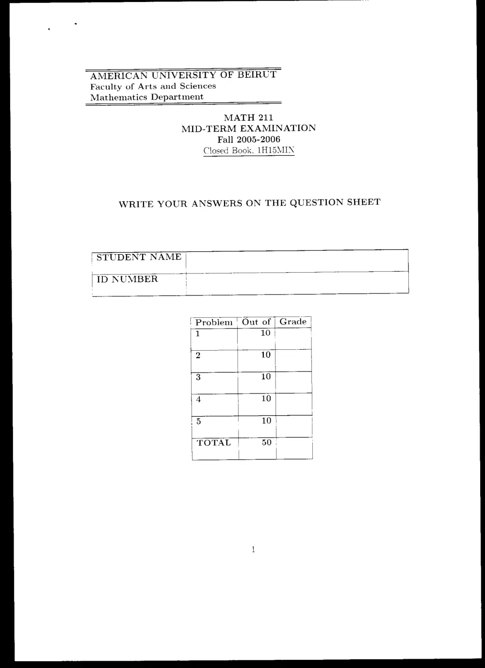 MATH 211 Midterm, Fall 2005, page 1