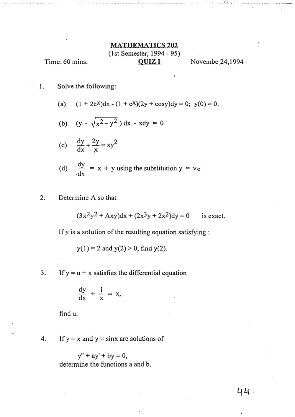 MATH 202 Exam 1 with Solution, page 1