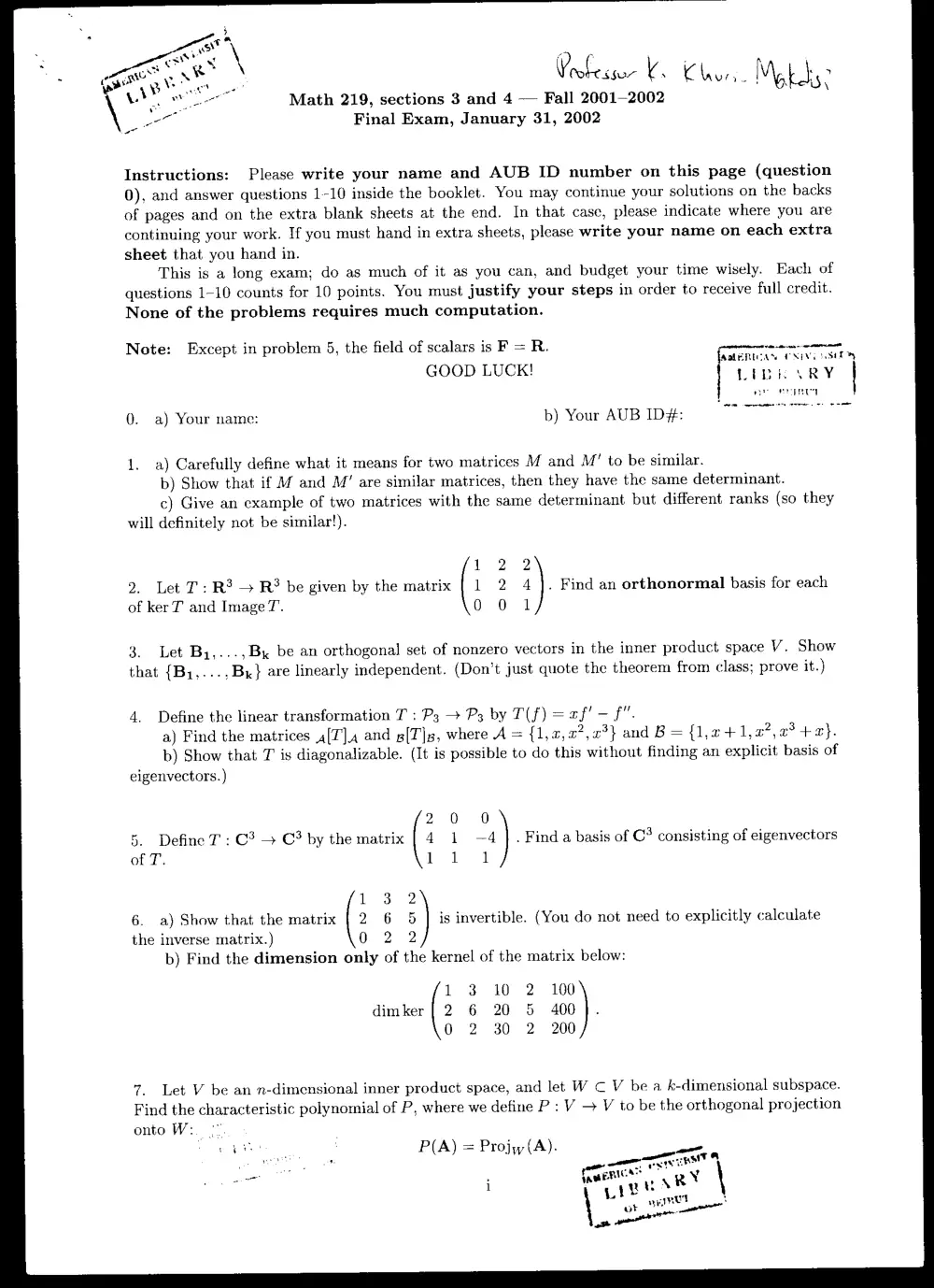MATH 219 Final, Fall 2001, page 1