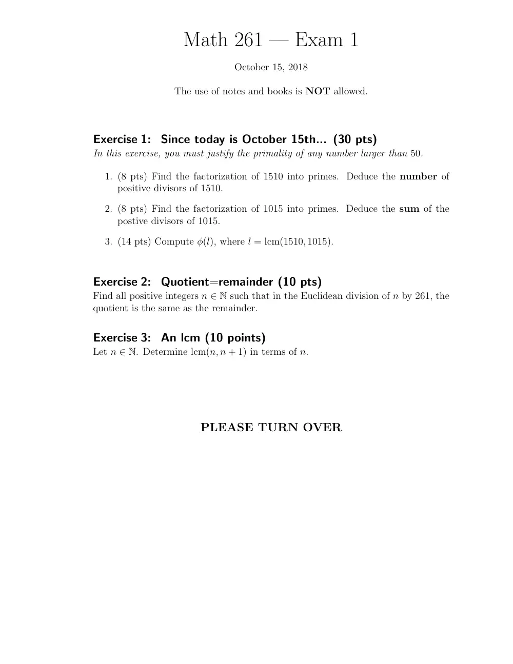 MATH 261 Exam 1, Fall 2018, page 1
