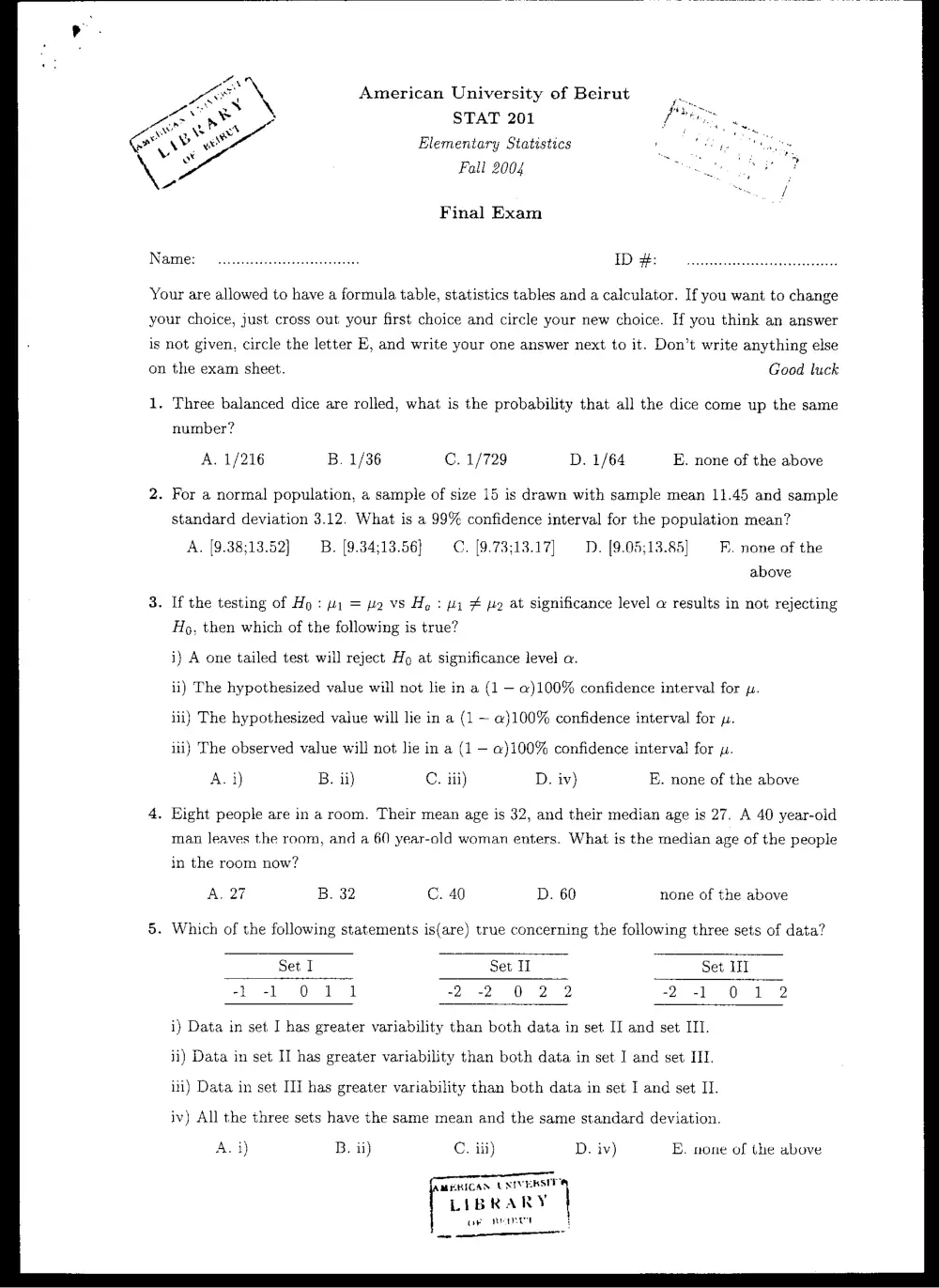 STAT 201 Final, Fall 2003, page 1