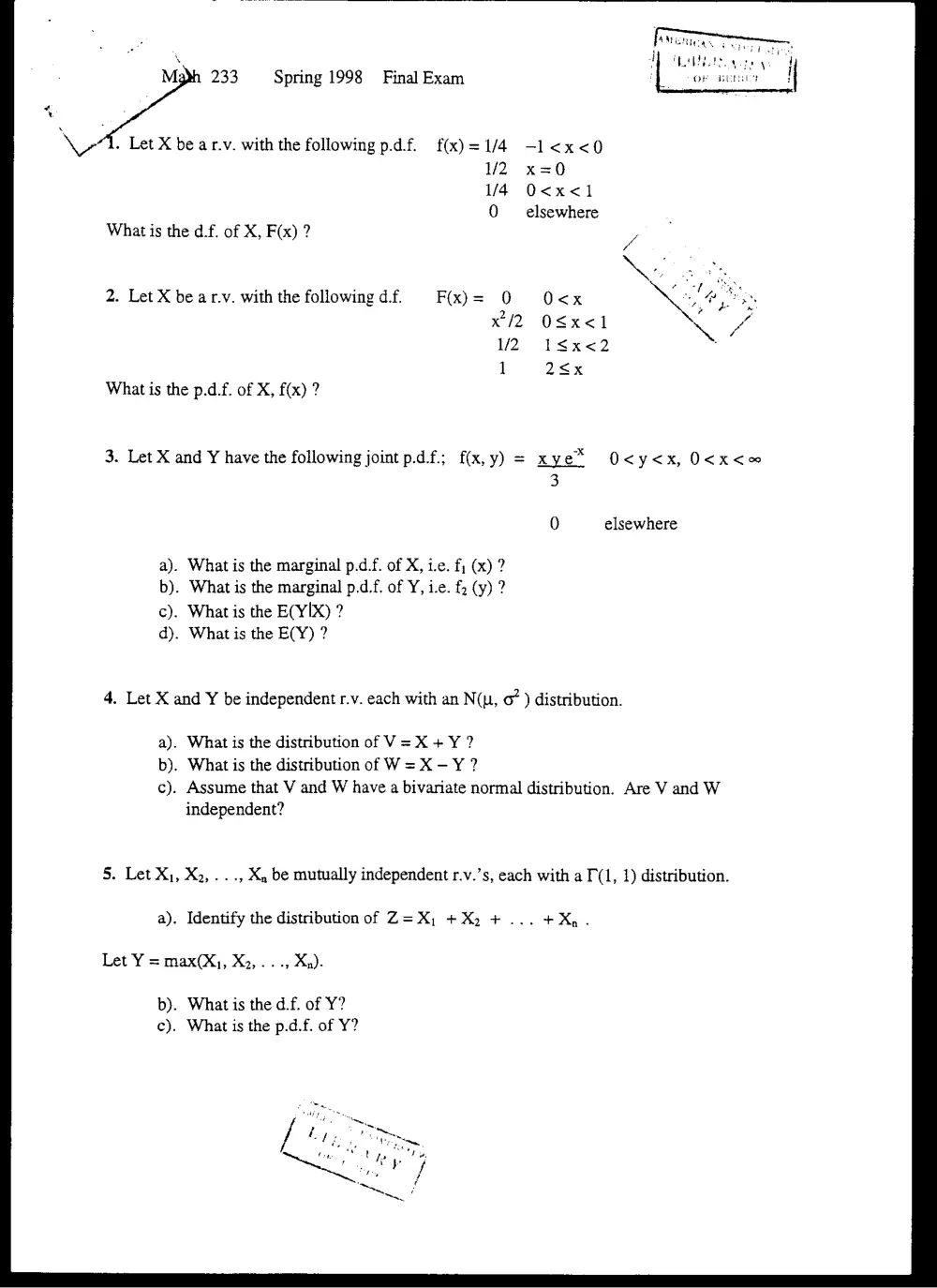 STAT 230 Final, Spring 1998, page 1