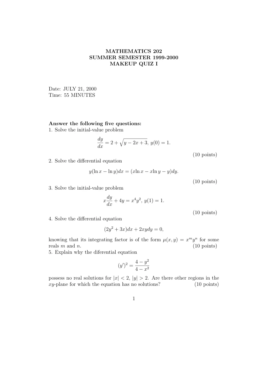 MATH 202 Exam 1, Fall 2000, page 1