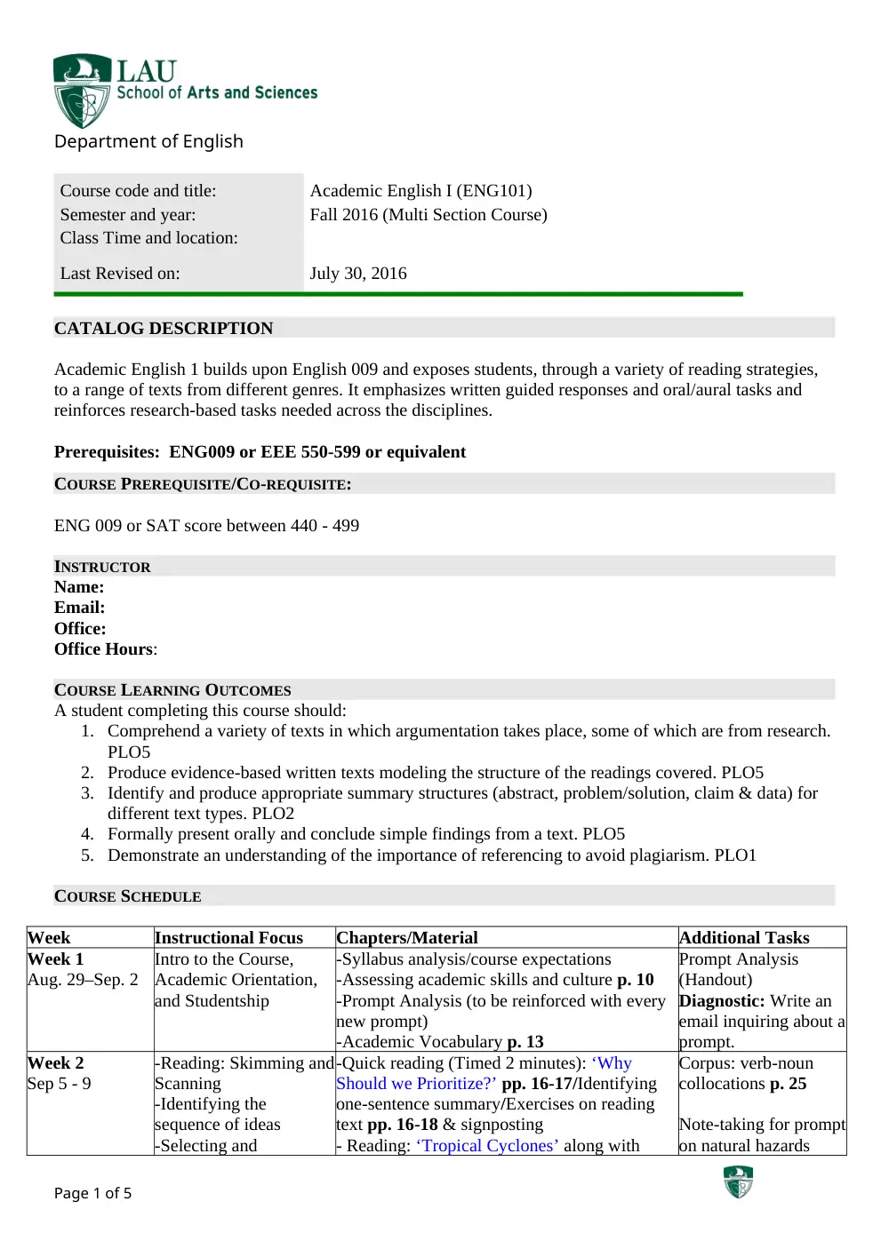 ENG 101 Syllabus, Fall 2016, page 1