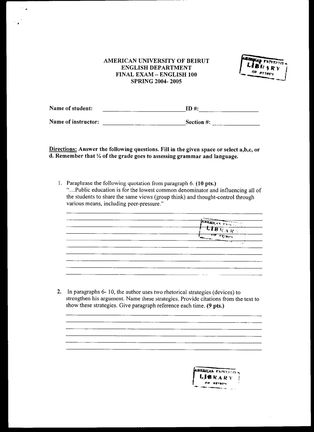 ENG 100 Final, Spring 2005, page 3