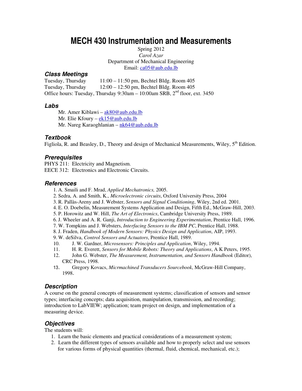 MECH 430 Syllabus, Spring 2012, page 1