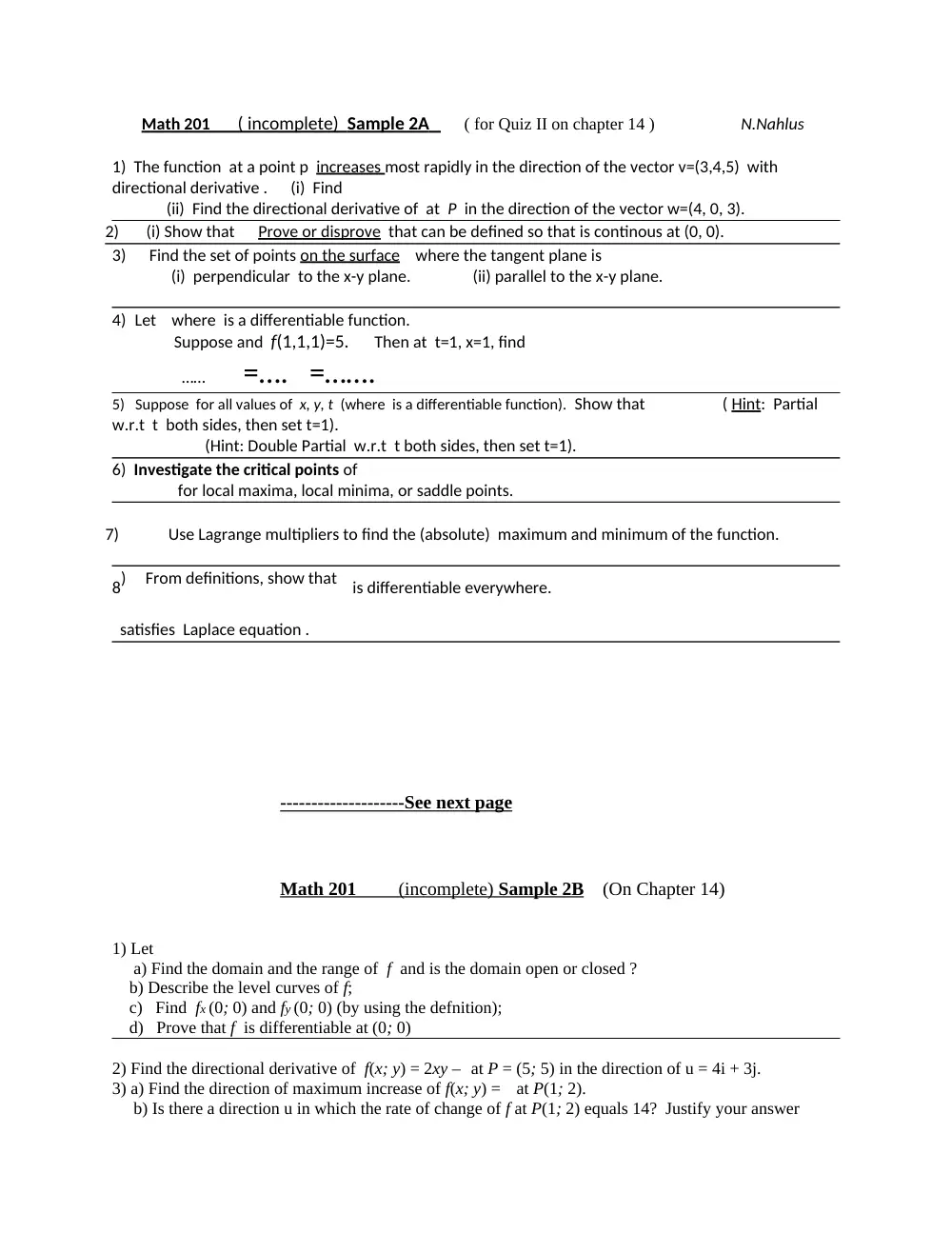 MATH 201 Problems For Quiz 2, Fall 2012, page 1