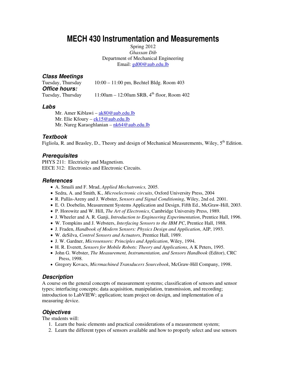 MECH 430 Syllabus, Spring 2012, page 1