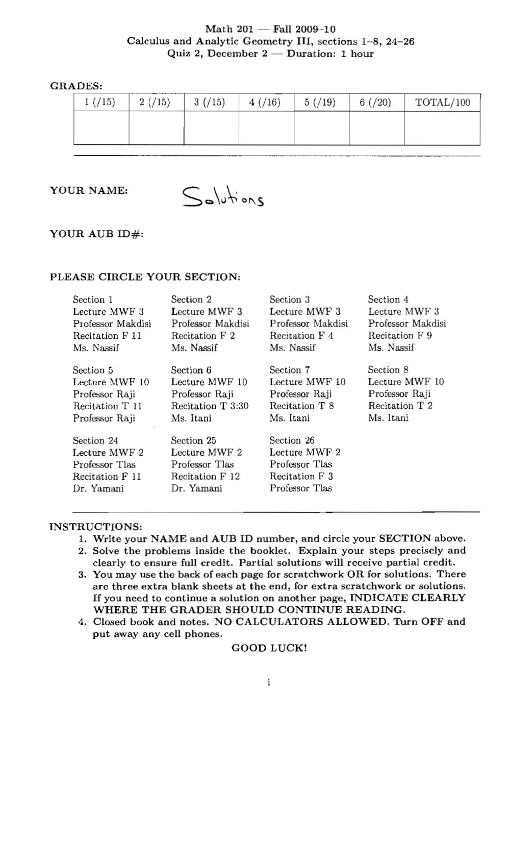 MATH 201 Exam 2 With Solution, Fall 2009, page 1