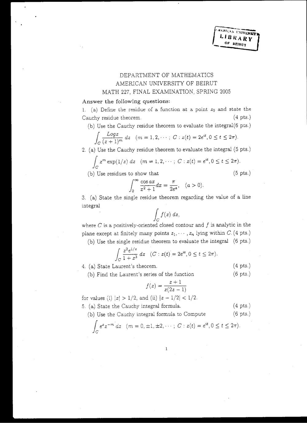 MATH 227 Final, Spring 2005, page 1