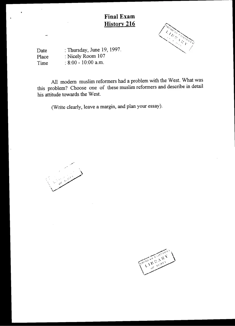 HIST 216 Final, Spring 1997, page 1