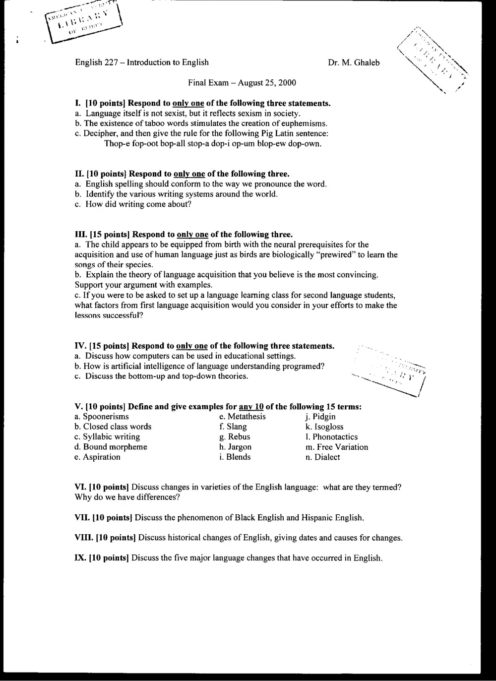 ENG 227 Final, Summer 2000, page 1
